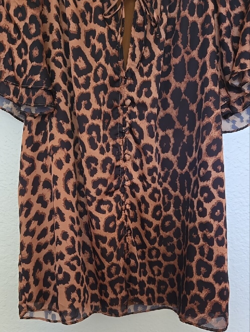 THML Leopard-Print Double Tie-Neck Blouse With Ruffle Sleeves - Picture 6 of 11